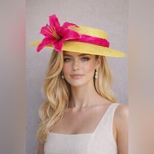 New Kentucky Derby Oaks Lime Stargazer Lily Wide Brim Boater Oaks Sinamay Hat